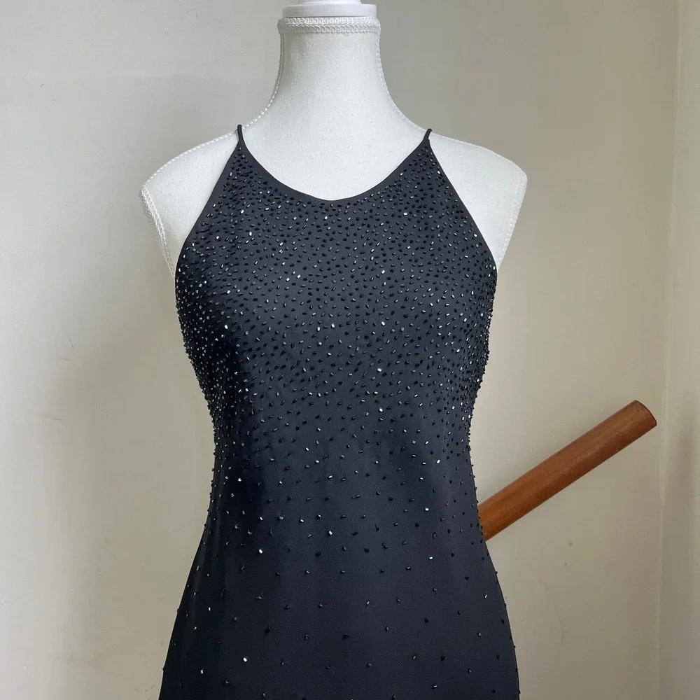 Vintage 90s black beaded formal midi‎ dress Carrie Bradshaw sparkly LBD